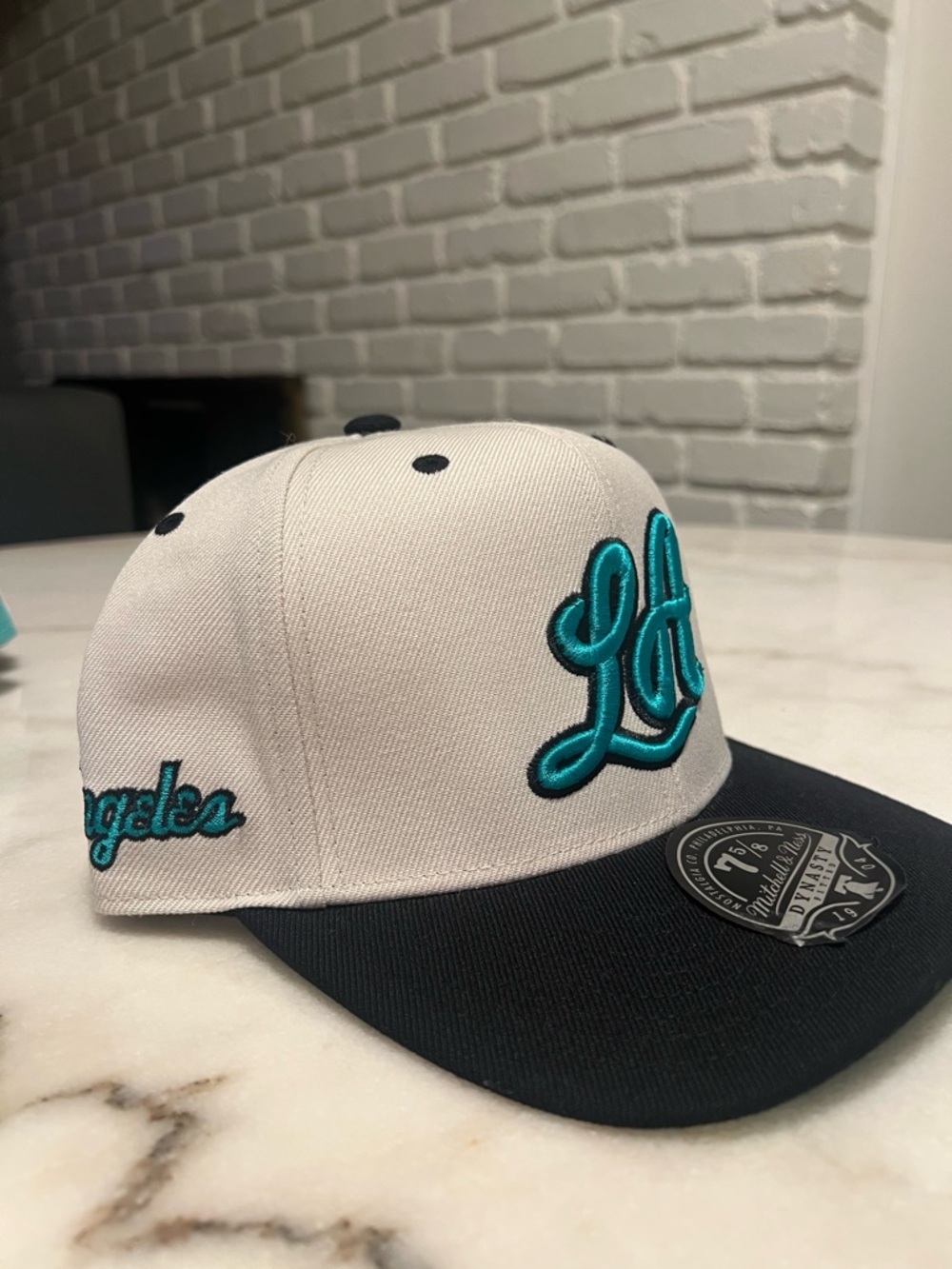 Mitchell & Ness White and Teal Los Angeles Snapback